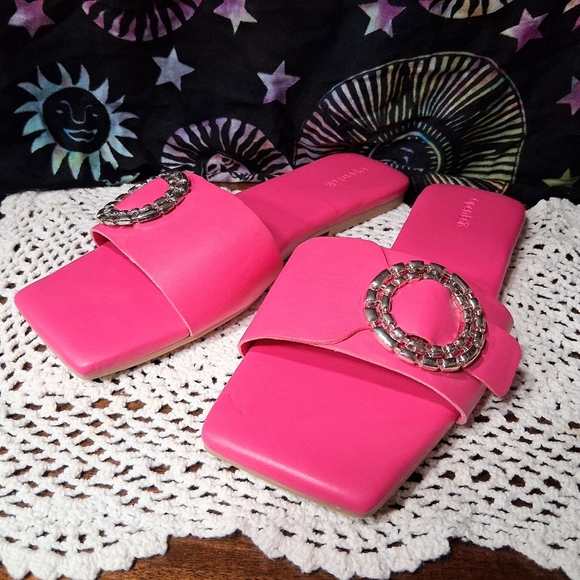 Open Edit Shoes - Open Edit Lely Slides Sandals Pink Silver Buckle Square Toe Size 9 Flip Flops